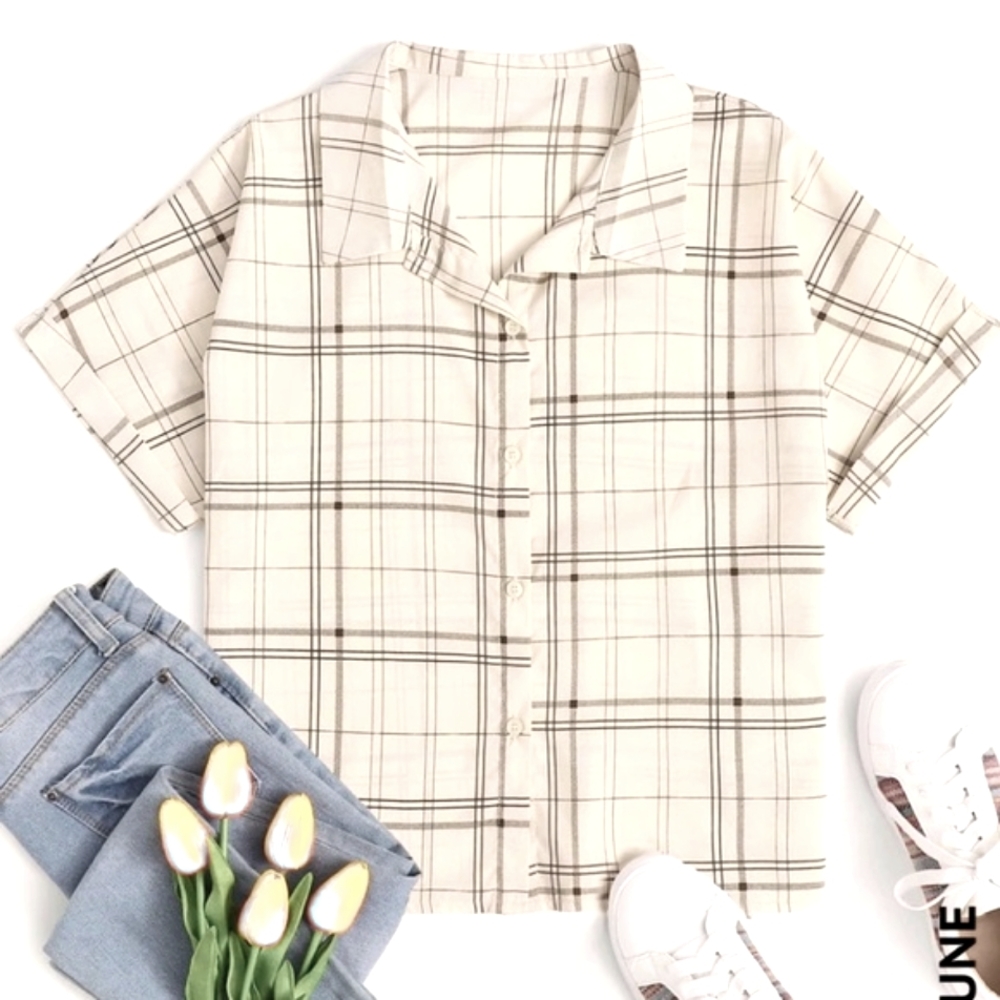SHEIN Lune Women's Button Up Short Sleeve Cream Brown Plaid Summer Shirt Size S